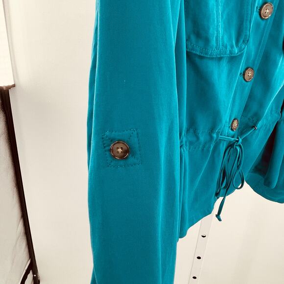WHBM Aqua Blue Button Up Lightweight Drawstring Waist Bold Vivid Shirt Jacket 8 - Picture 6 of 12